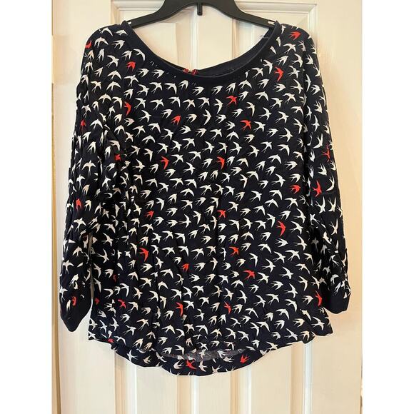 Mauve Bird Patterned Top Women 12 Blue Lightweight Sheer Business Academia Twee - Picture 1 of 7
